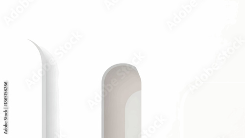 Three geometric shapes, a tapered white form on the left, an archway shape in the center, and an obscured white shape on the right