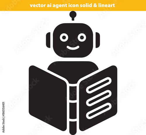 Black robot character reading a book with a happy face on white background