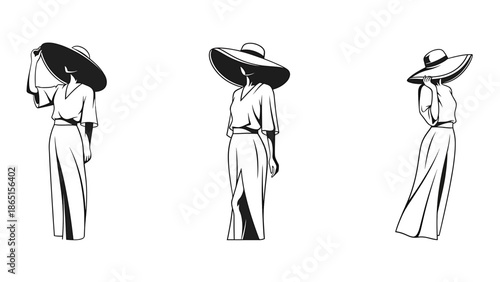 Three minimalist illustrations of a woman in different poses. She wears a large sun hat, a loose-fitting blouse, and a long skirt