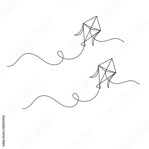 Continuous line drawing of a flying kite with a long tail, Vector
