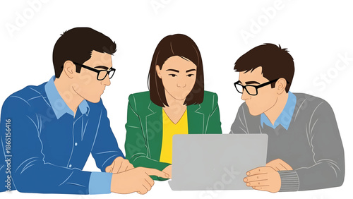 Three people, two men and a woman, are gathered around a laptop. They are wearing casual clothing and glasses, appearing to discuss a project