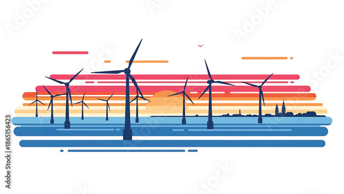 Stylized illustration featuring wind turbines in the sea, a colorful sunset sky, a coastal silhouette and the suggestion of the sea