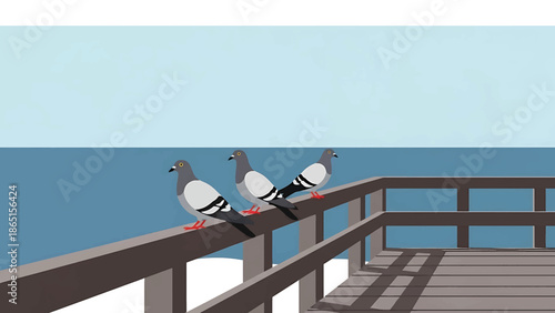 Three pigeons perch on a wooden railing overlooking a body of water under a pale blue sky. A simple, illustrated scene