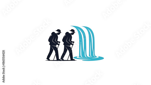 Silhouette illustration of two people hiking with backpacks and hiking poles, near a stylized waterfall, against a white background