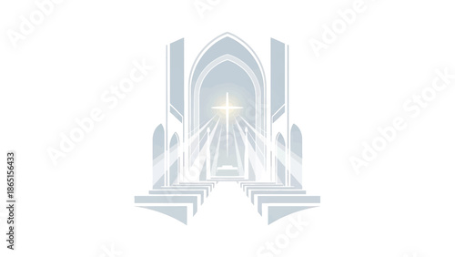 Stylized illustration of a church interior with a cross at the altar, bathed in light from the arched ceiling, emitting rays