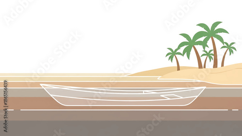 Stylized illustration of a boat on a sandy beach under palm trees, against a backdrop of layered neutral tones