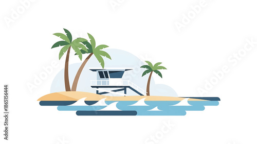 Stylized illustration of a coastal scene featuring a lifeguard tower, palm trees, sandy beach, and ocean waves.  A minimalist, flat design with a summery feel
