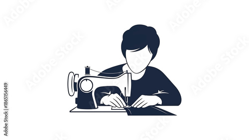 Silhouette illustration of a person operating a sewing machine, creating a garment. The person's face is not visible
