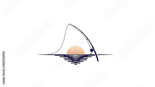Silhouette illustration of a fishing rod with the line arching over a setting sun, reflected in water, against a white background