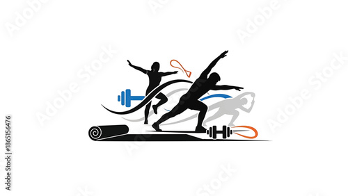 Silhouette figures depicting fitness activities with gym equipment. Represents health, exercise, and wellness, with yoga mat, weights, and stretching