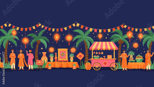 Festive Indian street food market illustration
