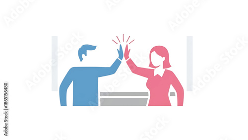 Stylized illustration of a man and woman giving each other a high-five, showcasing teamwork, success, and celebration within a minimalist design