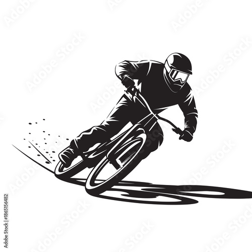 Dynamic black silhouette of a mountain biker in full gear, leaning into a turn while racing downhill
