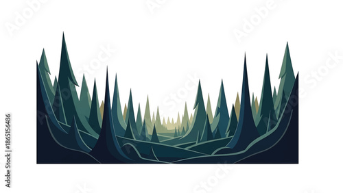 Stylized illustration of a pine forest with blue and green hues, showcasing depth and texture in a simple design