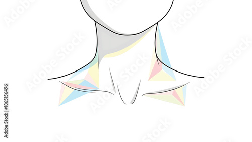 Stylized illustration of a torso, primarily the neck and shoulders. Geometric shapes of pastel colors overlay the form