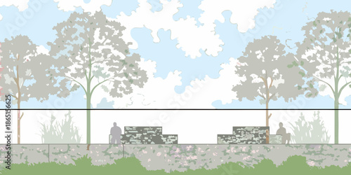 A simple illustration depicting trees seating and a landscape view
