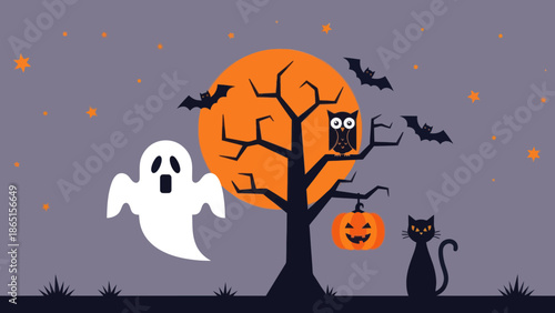 Halloween night scene with ghost and black cat
