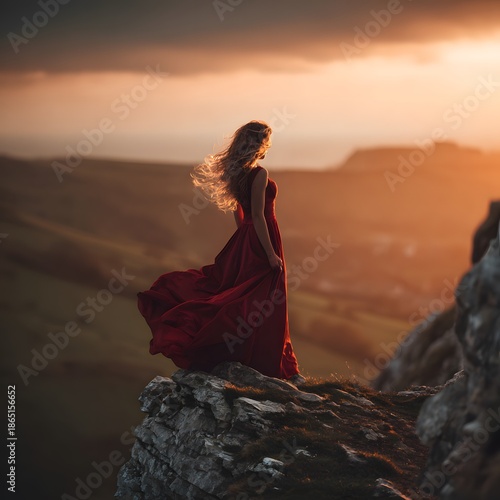Cinematic Sunrise Scene of a Woman Wearing a Red Dress on a Dramatic Cliff Edge