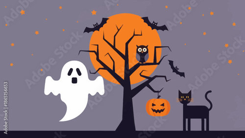 Halloween night spooky scene with ghost and black cat