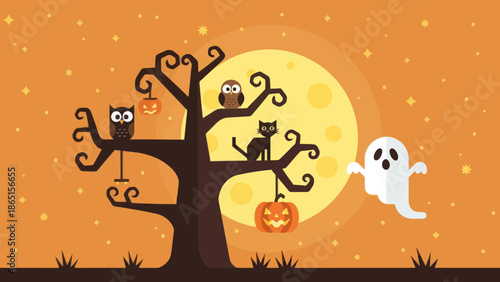 Halloween night scene with spooky tree and ghost