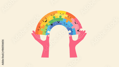 Hands holding rainbow puzzle, diversity and inclusion concept
