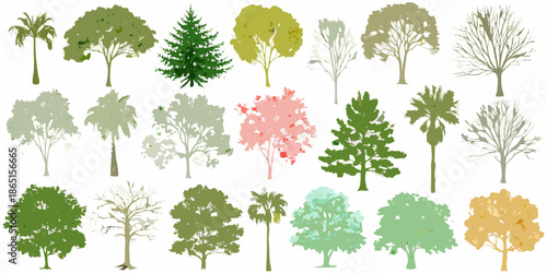 Collection of diverse tree silhouettes in varying shapes and colors