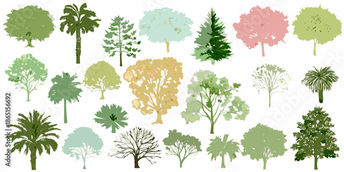 A collection of colorful stylized tree illustrations on a white background