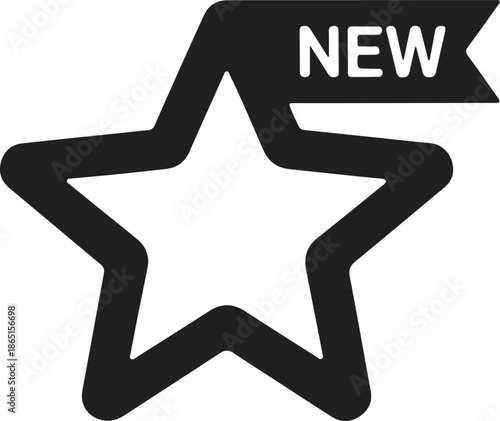 star icon with NEW banner on white background, symbolizing excellence and novelty