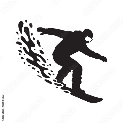 A dynamic action silhouette of a snowboarder carving through the snow during a winter sport activity