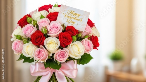 A bouquet of red, pink, and white roses with a pink ribbon and a card that says 'Happy Valentine's Day' in the center.