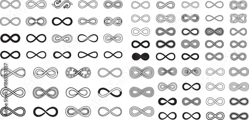 Infinity icon set. Flat style collection of endless loop symbols representing infinity, eternity, and unlimited concepts. Stock vector illustration
