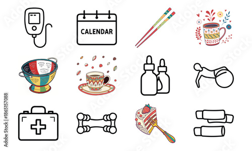 Versatile Lifestyle Icon Set Featuring Fitness Dumbbells, Blood Pressure Monitor, Calendar, Kitchen Utensils, Electric Kettle, First Aid Kit, and Decorative Tableware Collage