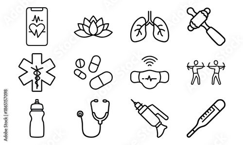 Versatile Lifestyle Icon Set Featuring Fitness Dumbbells, Blood Pressure Monitor, Calendar, Kitchen Utensils, Electric Kettle, First Aid Kit, and Decorative Tableware Collage