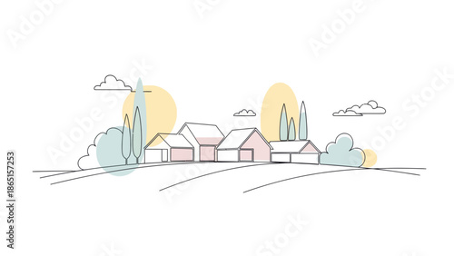 Minimalist Village Line Art Landscape