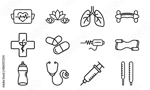 Versatile Lifestyle Icon Set Featuring Fitness Dumbbells, Blood Pressure Monitor, Calendar, Kitchen Utensils, Electric Kettle, First Aid Kit, and Decorative Tableware Collage