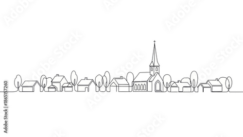 Minimalist Village Line Art Landscape