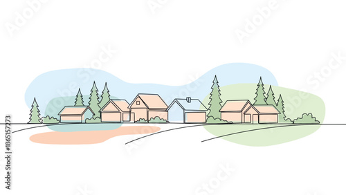 Minimalist village line art with pastel colors