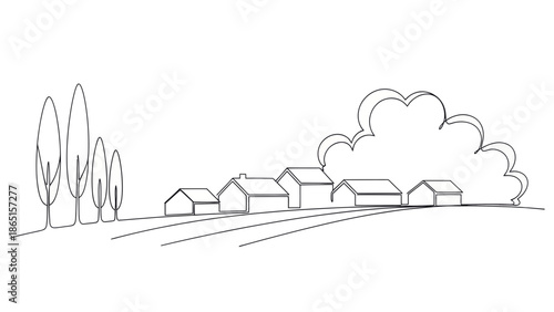 Minimalist Village Line Art Landscape