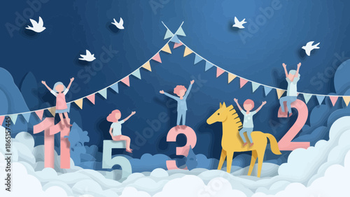 Paper cut children playing on numbers