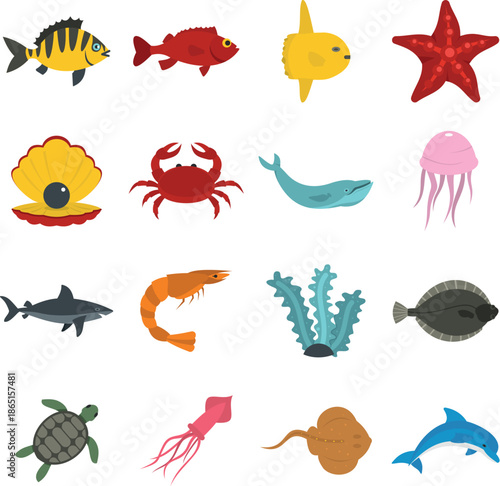 Sea animals icons set in flat style