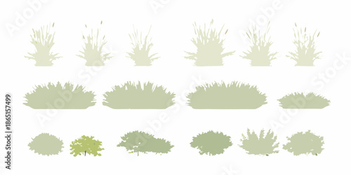 A collection of various green plant silhouettes grasses shrubs and small trees