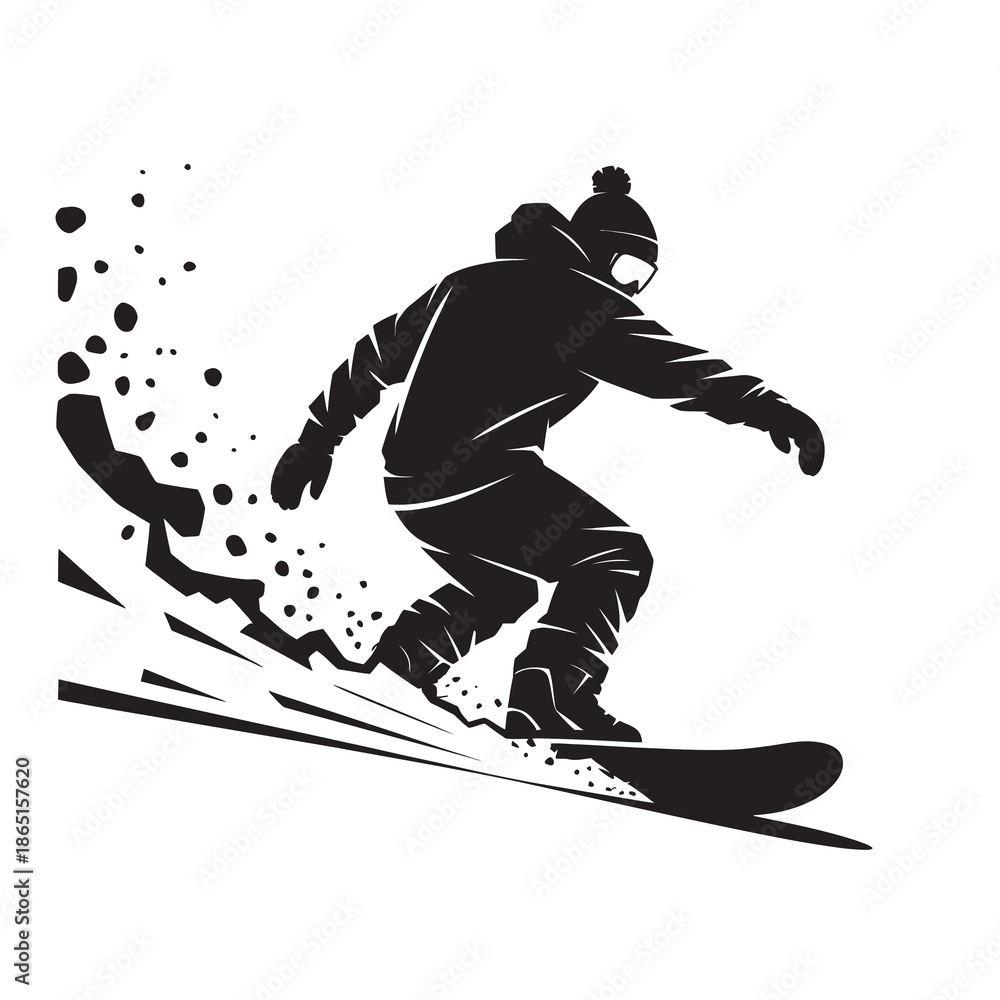 Fototapeta premium A dynamic silhouette illustration of a snowboarder carving down a snowy mountain slope