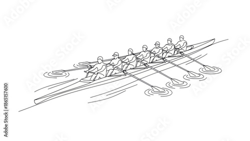 Rowing team in boat, line art illustration.