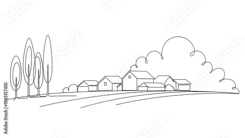 Rural landscape sketch with houses and trees