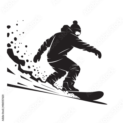 A dynamic silhouette illustration of a snowboarder carving down a snowy mountain slope