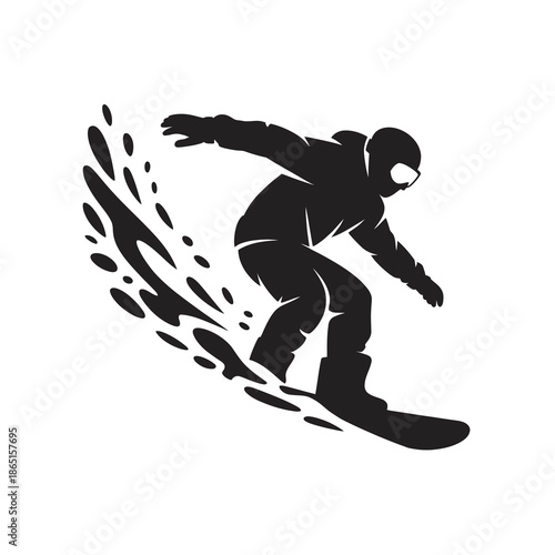 A dynamic silhouette illustration of a snowboarder carving through the snow during a winter sport session.
