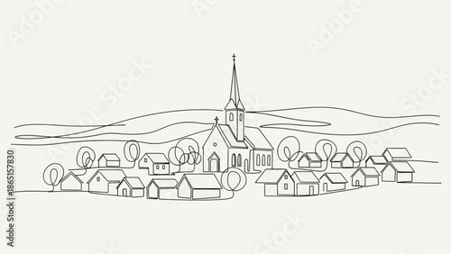 Village Line Art with Church and Houses