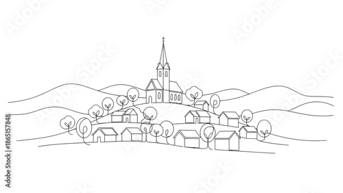 Village sketch with church on hill