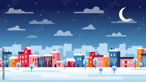 Winter city landscape at night with moon