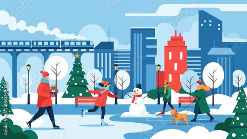 Winter city skating scene illustration